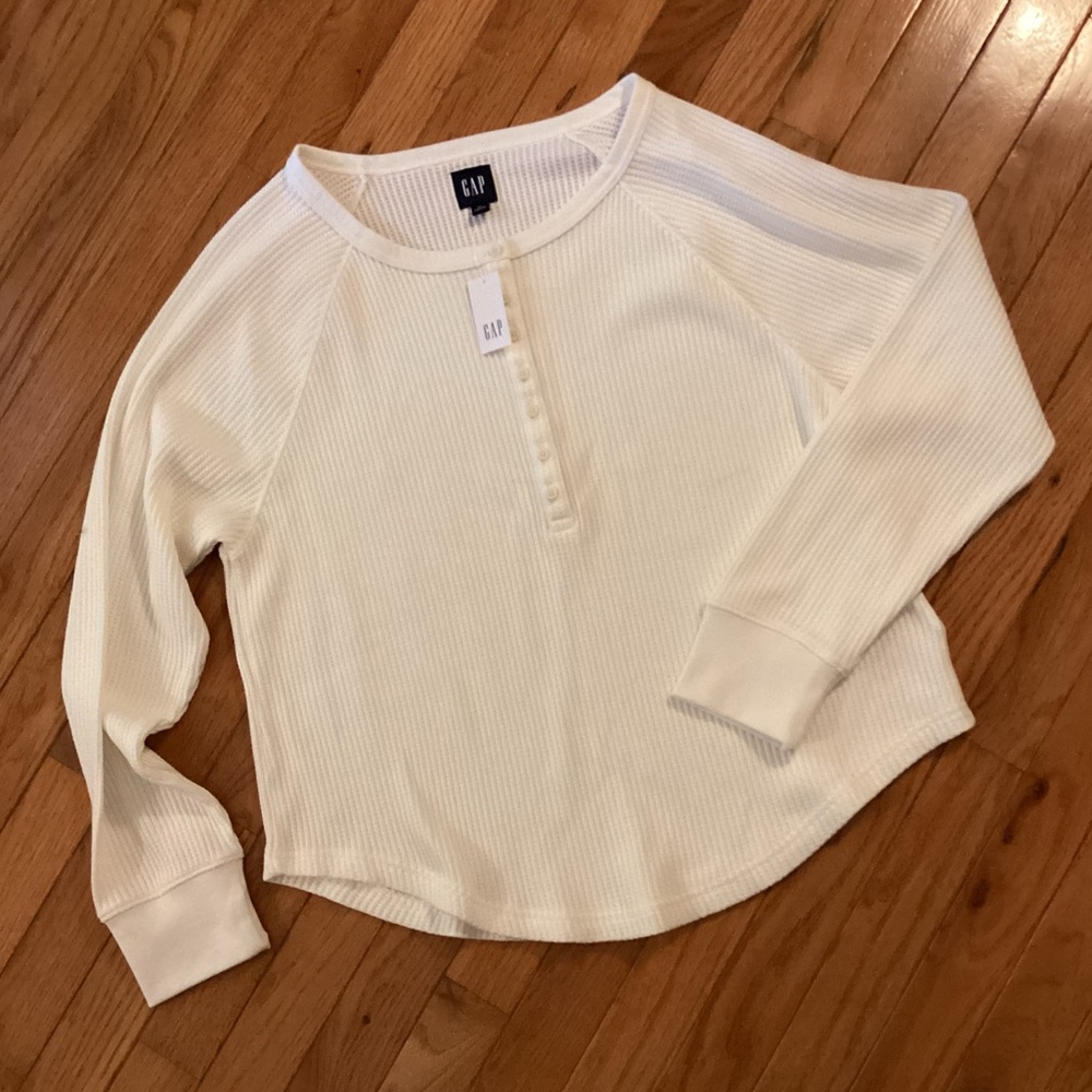 GAP WAFFLE RAGLAN HENLEY - IVORY LONG SLEEVE RELAXED FIT MED - CUSTOMER FAVORITE - Picture 5 of 16
